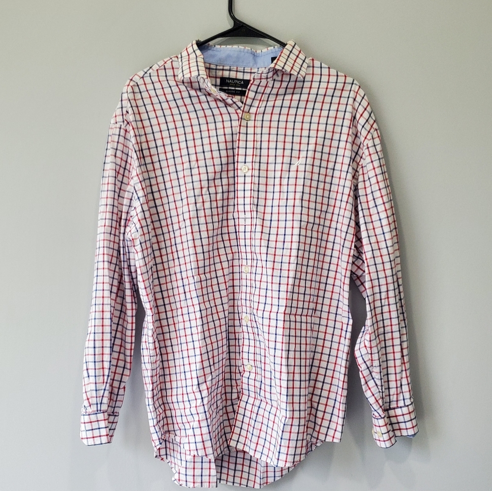 Nautica | Red White & Blue Plaid Collared Classic Fit Men's Button Down